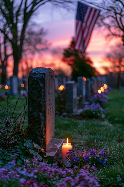 A flag waves above a row of veterans graves with candles lit at dusk.