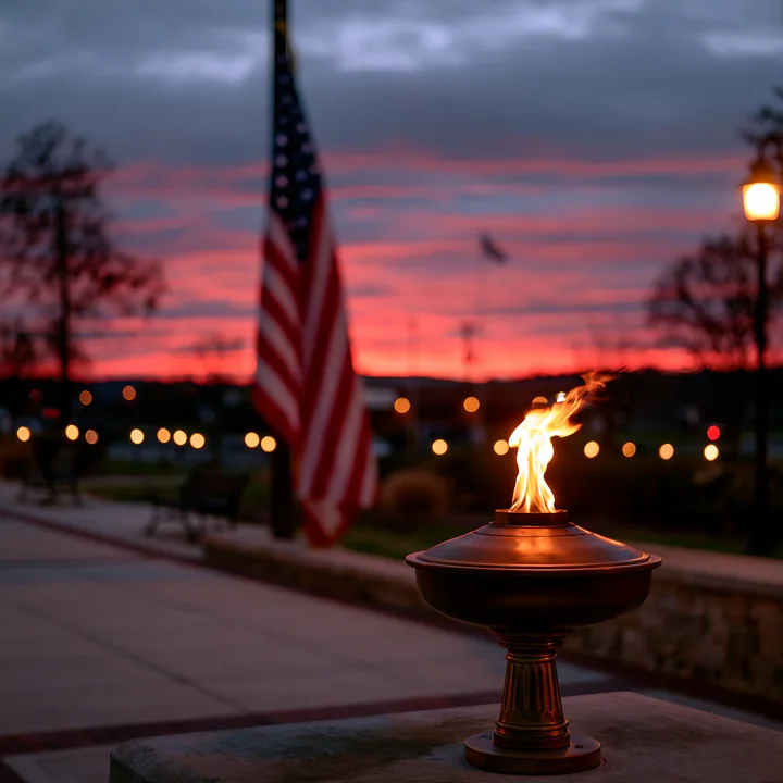 A flame burns in a memorial setting with an American flag flying nearby as the sky turns orange and purple after sunset.