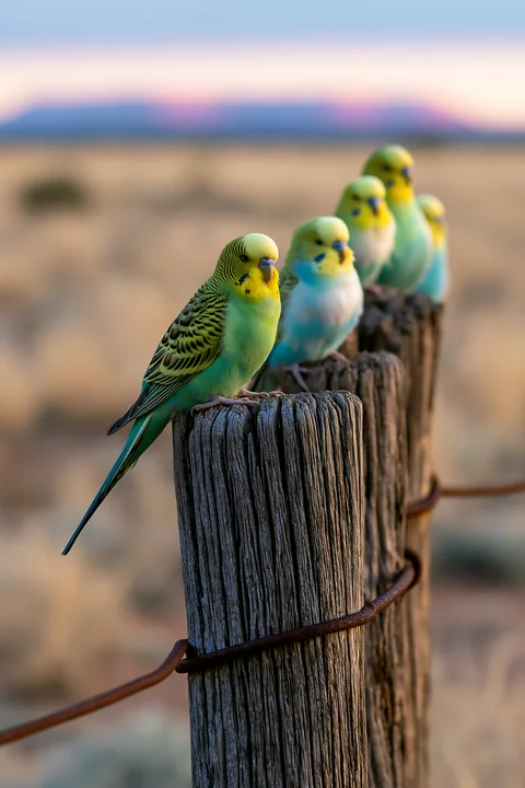 A flock of budgerigars gathers on wooden posts in a desert landscape during sunset.