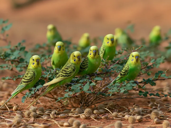 A flock of budgerigars is perched around small green plants in a desert setting.