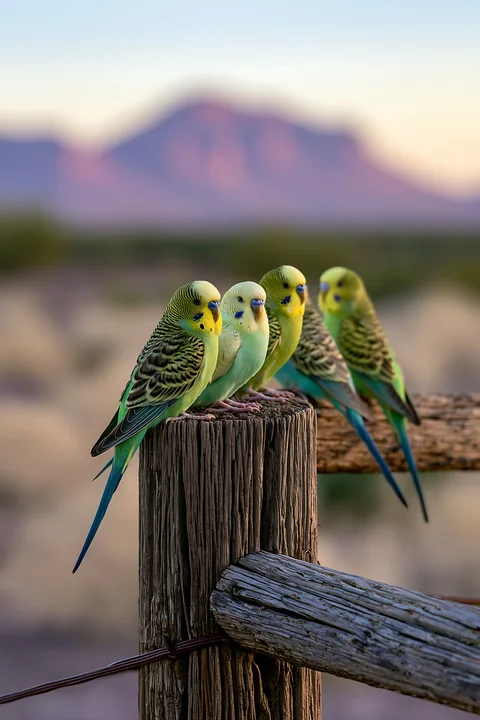 A flock of budgerigars perches on a wooden fence post in a desert landscape with mountains in the background during sunset.