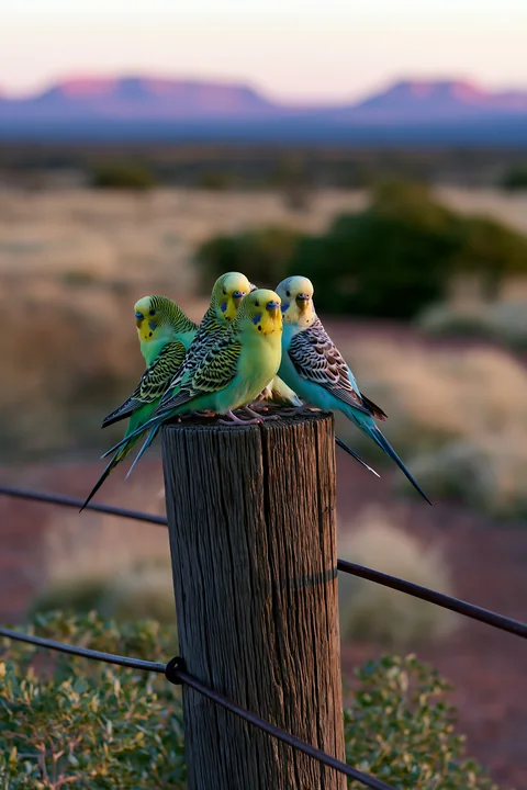 A flock of budgerigars rests on a wooden post in a desert landscape during twilight.