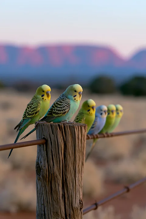 A flock of budgerigars sits on a rustic fence post in a desert landscape during sunset.