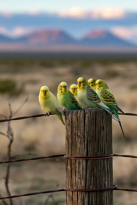 A flock of budgerigars sits on a wooden post in a desert landscape.