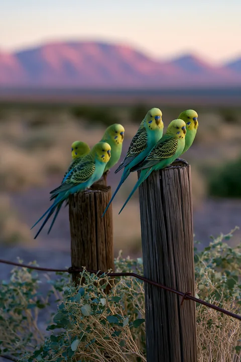 A flock of budgerigars sits on wooden posts, surrounded by desert landscape and sparse vegetation with mountains in the background.