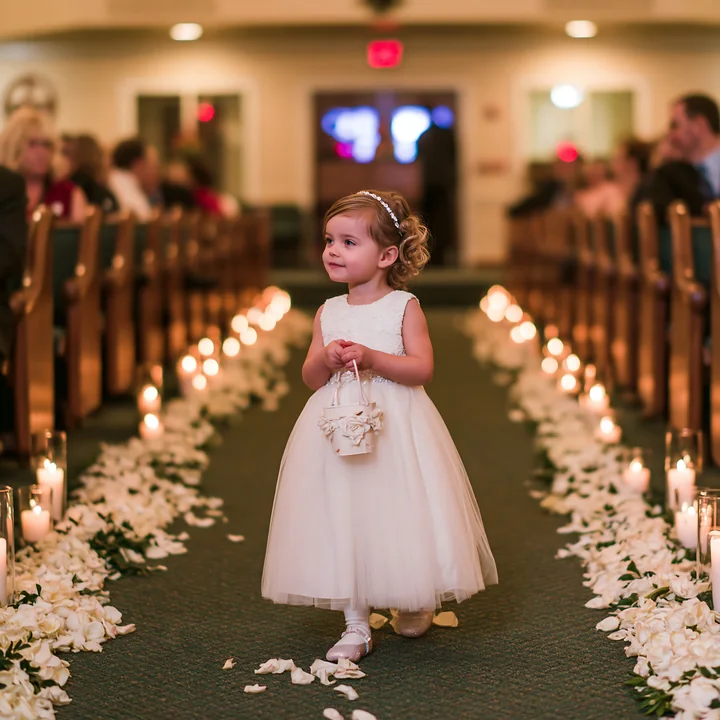 A flower girl walks down the church aisle holding a basket and spreading flower petals on the floor.