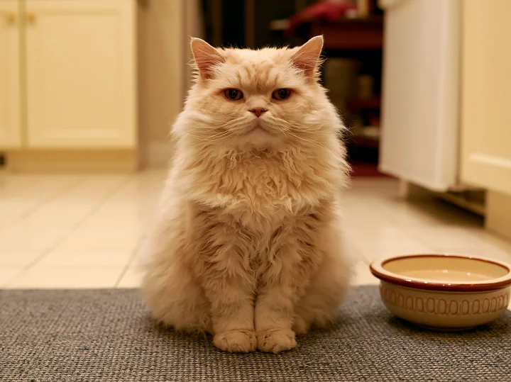 A fluffy Selkirk Rex cat with distinctive curls sits on a mat near a food bowl in a brightly lit kitchen.