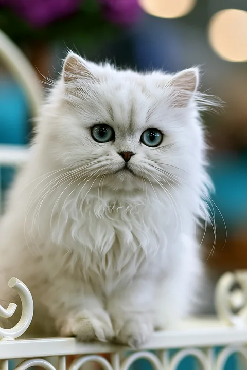 A fluffy white cat sits on a display at a cat show.