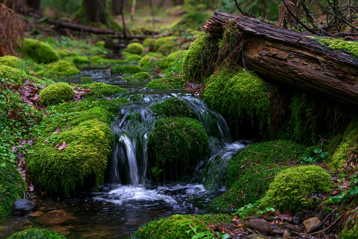 A forest brook flows over rocks, forming a miniature waterfall, surrounded by green moss and fallen logs.