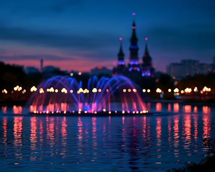 A fountain with colorful lights sprays water into the air.