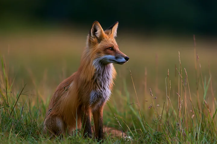 A fox is sitting quietly in a meadow under dramatic clouds, surrounded by tall grass.