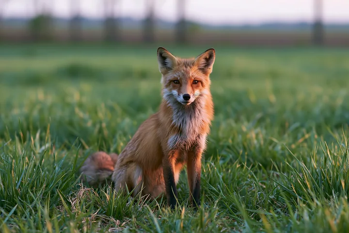 A fox sits calmly in a green meadow photographed from ground level, surrounded by tall grass.