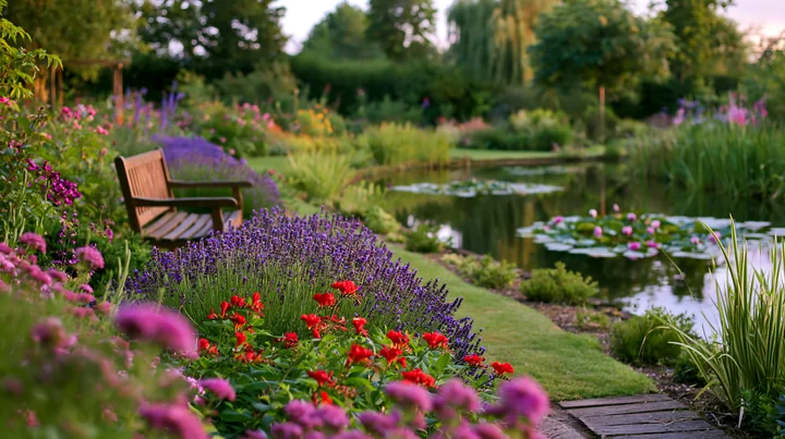 A garden bench sits beside a water lily pond surrounded by vibrant flowers and greenery.