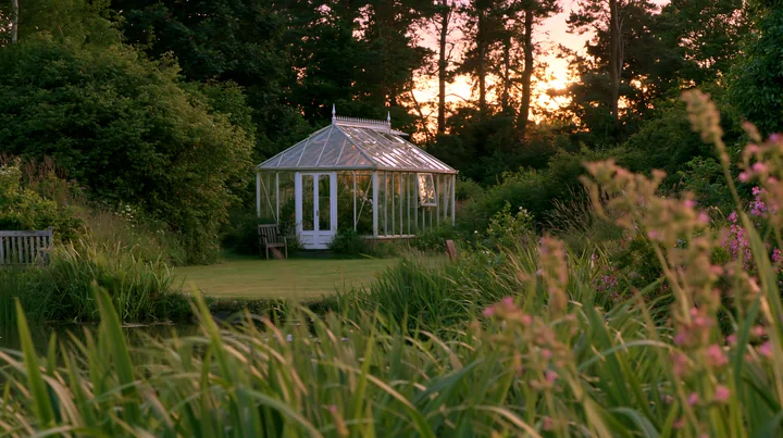 A garden conservatory stands empty surrounded by greenery as the sun sets, casting a soft evening glow over the tranquil landscape.