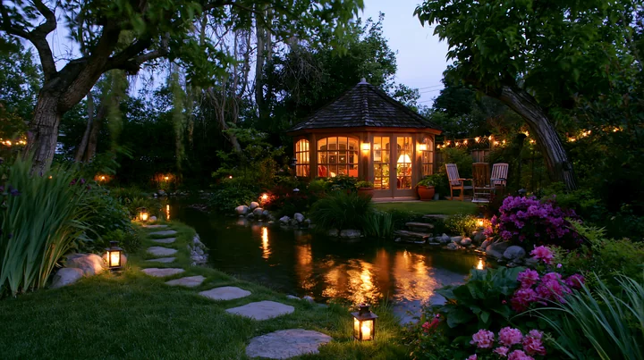 A garden house stands by a pond surrounded by colorful flowers and soft lights.