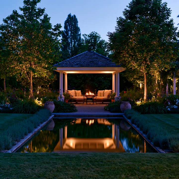 A garden pavilion with seating is softly lit in the evening.