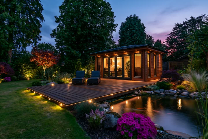 A garden room stands with large glass windows, surrounded by trees and flowers, as deck lights shine around the outdoor area.