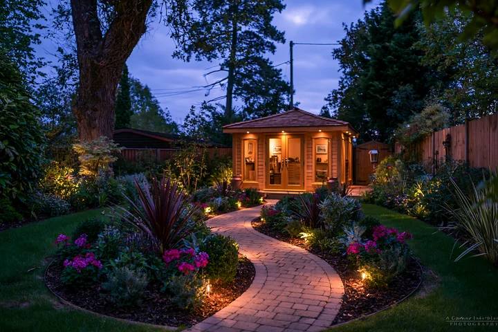 A garden studio stands empty at dusk, illuminated by pathway lights.