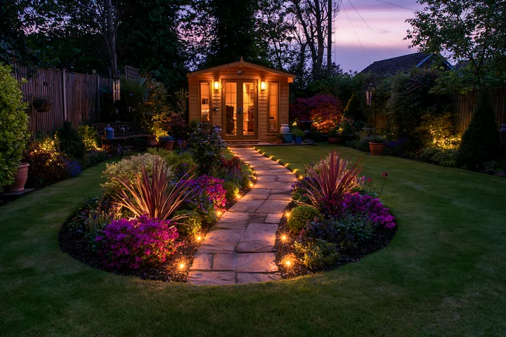 A garden studio stands illuminated by soft lights as dusk approaches.