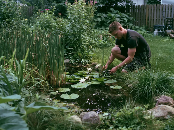 A gardener is bending down to take care of white water lilies in a small pond surrounded by lush greenery and rocks in a backyard setting.