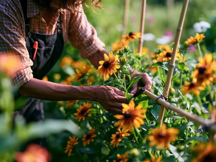 A gardener uses scissors to trim rudbeckia flowers in a garden filled with vibrant yellow blooms.