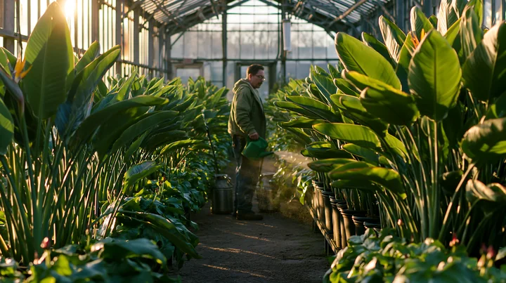 A gardener waters bird of paradise flowers in a greenhouse filled with lush plants.