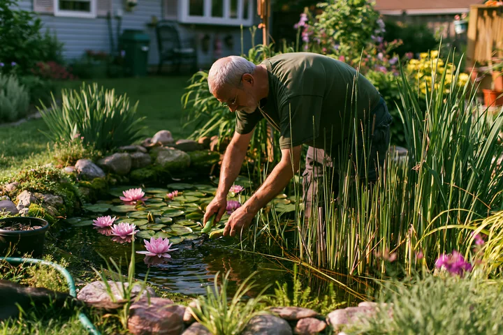 A gardener works near a small pond with pink water lilies, caring for the plants and enhancing the garden.
