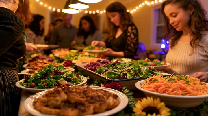 A gathering takes place with individuals serving food from large platters.