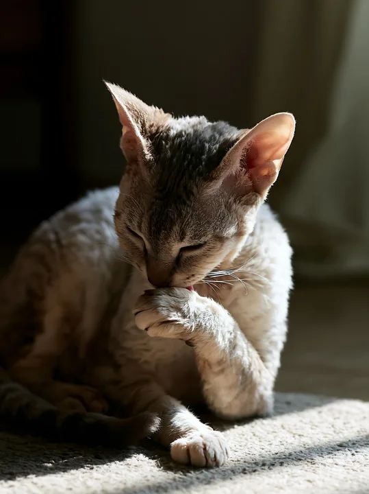 A German Rex cat is grooming itself while sitting in soft sunlight indoors.