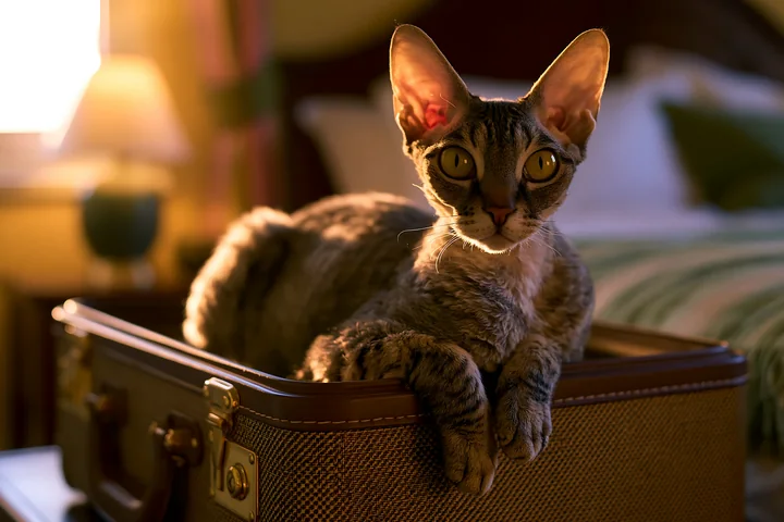A German Rex cat lounges in an open suitcase, with sunlight spilling into the room, creating a warm atmosphere.