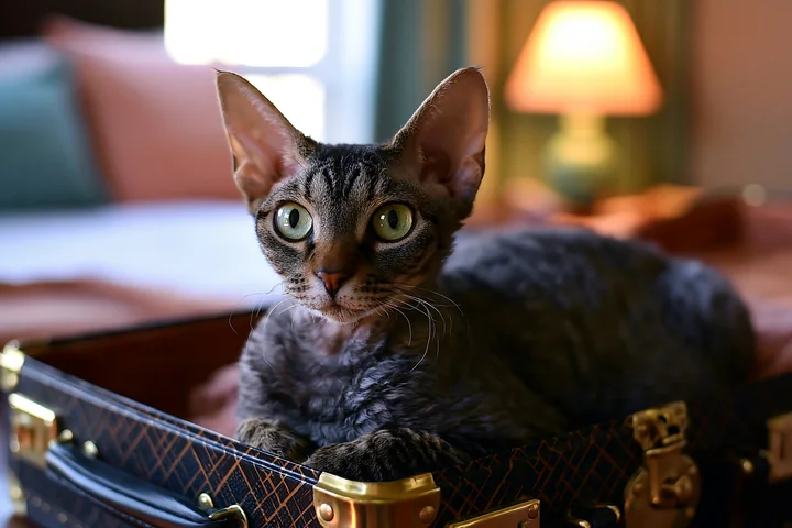 A German Rex cat portrait shows a cat resting on a suitcase in a cozy room.
