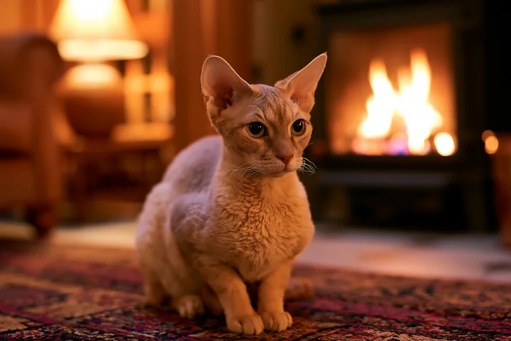 A German Rex cat sits on a patterned rug in a warm room with a fireplace.