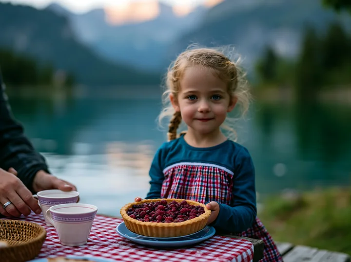 A girl holds a berry tart while sitting by an alpine lake with mountains in the background.
