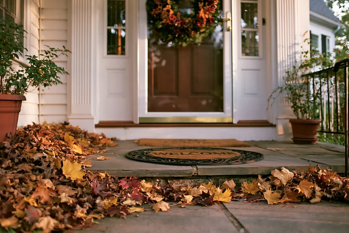 A glass front door shows a decorative wreath, while a welcome mat sits in front.