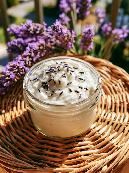 A glass jar filled with a cream dose topped with lavender flowers sits on a wicker basket.