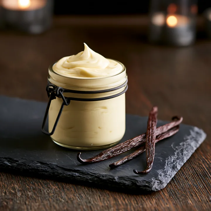A glass jar holds cream dose with vanilla pods on a dark slate board.