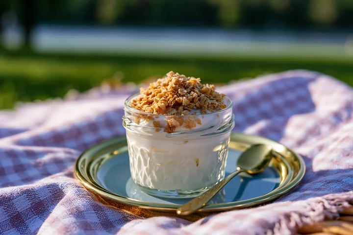 A glass jar holds cream topped with oat flakes, placed on a blue plate.