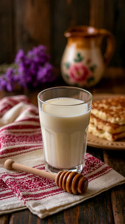 A glass of cream is placed next to a honey dipper on a patterned tablecloth.