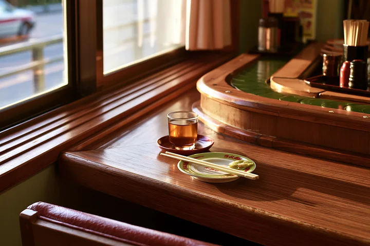 A glass of tea sits next to a plate with sushi on a wooden table in a sushi conveyor belt restaurant during daylight hours.