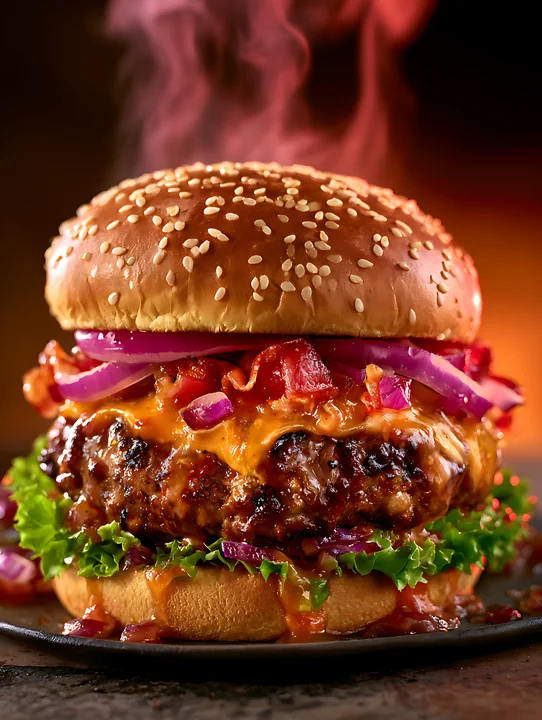 A gourmet burger features a juicy beef patty topped with melted cheddar cheese, crispy bacon, fresh lettuce, onion, and a sesame seed bun against a smoky backgr