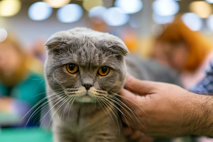 A gray rare cat breed is being examined at a cat show.