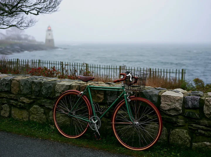 A green bicycle stands against a stone wall while a lighthouse is visible in the distance through thick ocean fog.
