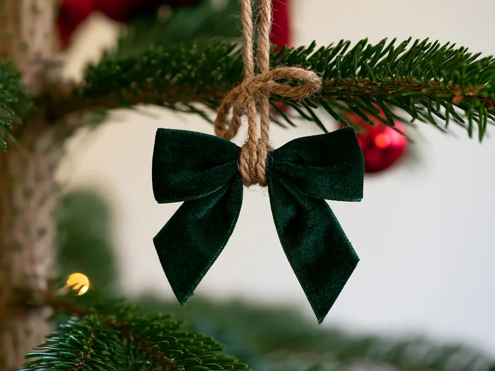 A green velvet bow hangs on a Christmas tree branch adorned with ornaments and fairy lights.