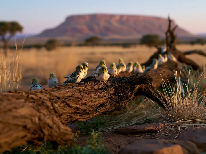 A group of birds is perched on a wooden log in a meadow during sunset.