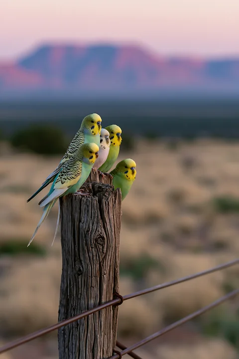 A group of budgerigar flock in desert landscape gathers on a wooden post at sunset.