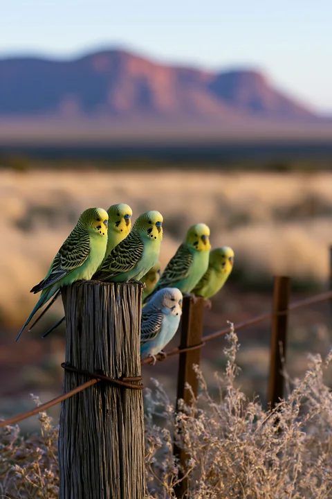 A group of budgerigars is perched on a wooden post in a desert landscape.