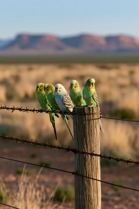 A group of budgerigars perched on a wooden fence in a dry, desert landscape with distant mountains.