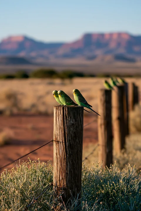 A group of budgerigars rests on wooden fence posts in a desert landscape.