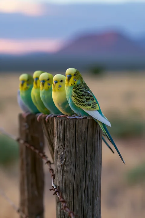 A group of budgerigars sits on a wooden post against a desert backdrop during twilight.