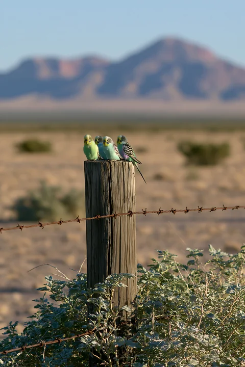 A group of budgerigars sits on a wooden post in a desert landscape during daylight.